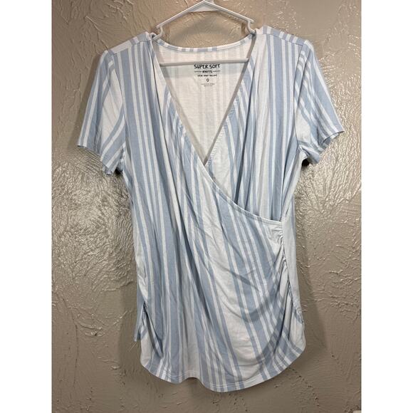 Torrid Super Soft Surplice Wrap Top Womens Blue Stripe Ruched Stretch Sz 0 L/12 - Picture 1 of 4